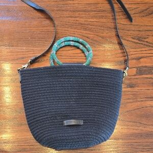 Elizabeth and James Black Woven Crossbody with Green Handle